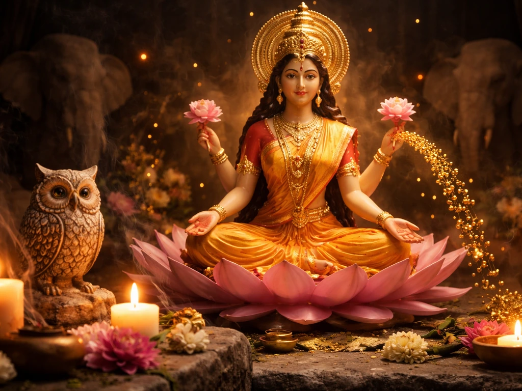 Lakshmi seated on a lotus in a calm altar scene, gold coins of abundance flowing, with an owl motif nearby.