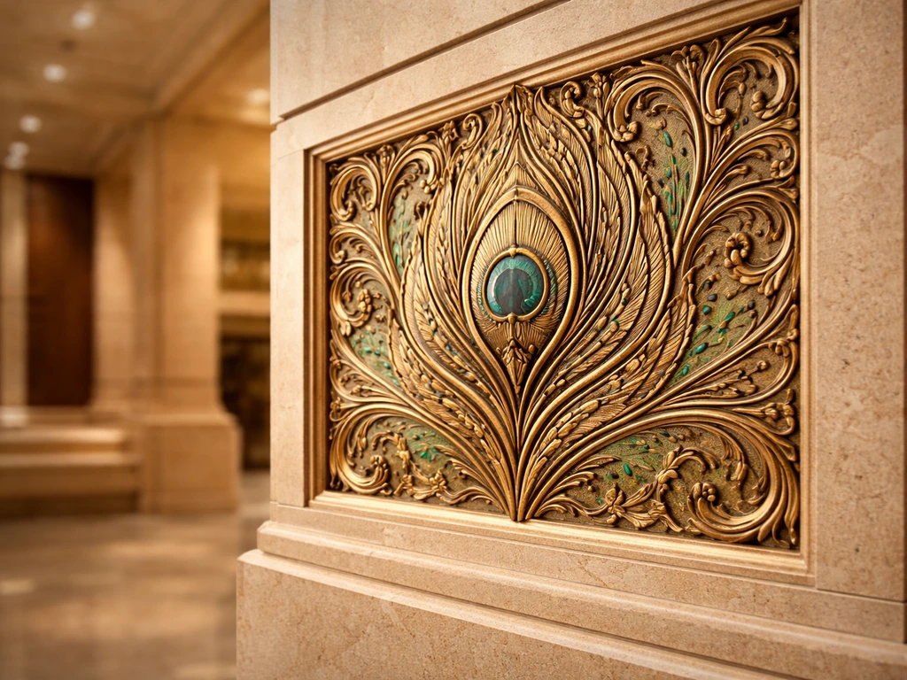 Close-up of peacock-feather carved motif in new Parliament-style interior with warm natural light.