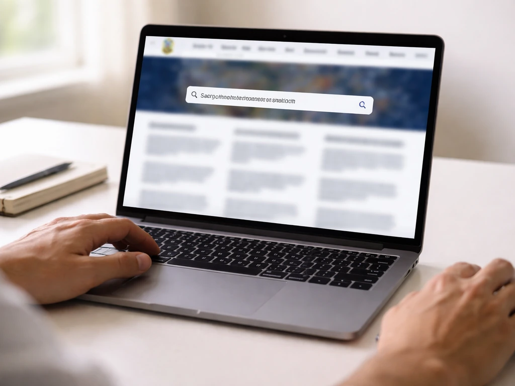 Person using a laptop to search an official government site related to Lok Sabha, minimal screen scene.