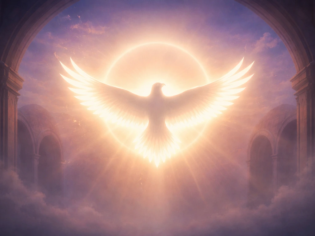 Majestic bird silhouette framed by temple-like arches in a glowing twilight sky, symbol of spiritual meaning.