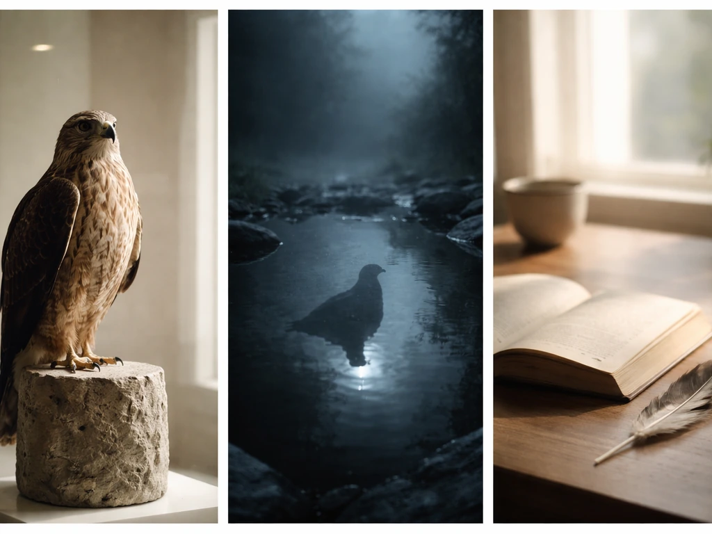 Three-panel split image showing a hawk deity-like scene, a spiritual bird silhouette in night water, and a feather besid