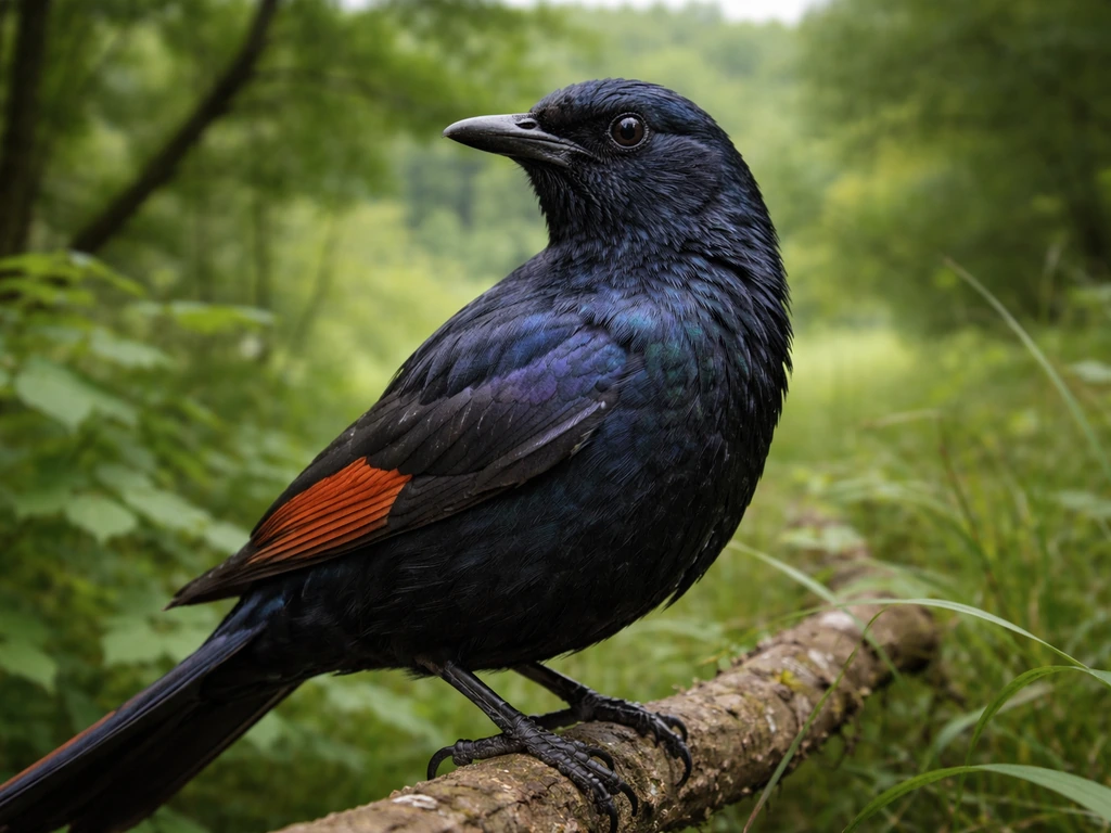 Close-up of a striking wild bird perched outdoors, with soft greenery in the background.