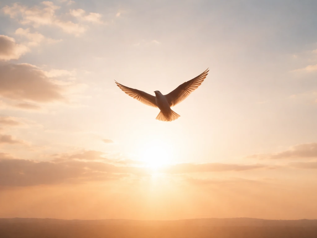 Bird silhouetted against a bright sky near the horizon, suggesting flight and transcendence.