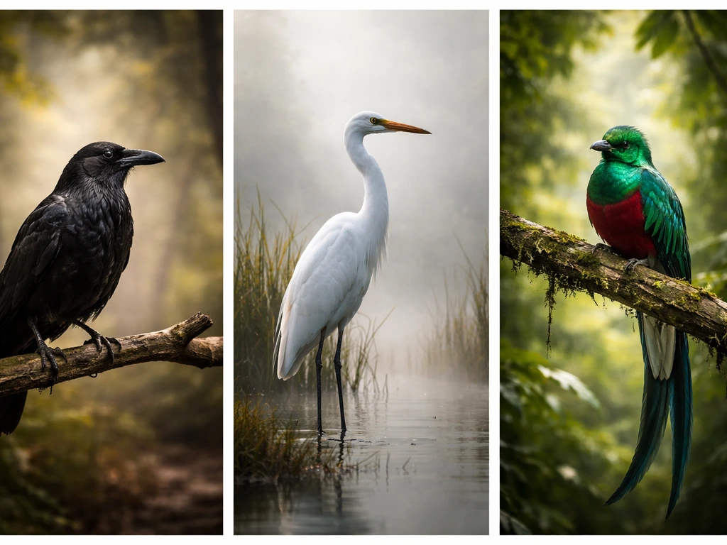 Three distinct sacred-looking birds—raven, crane, and quetzal—set in separate simple natural scenes.