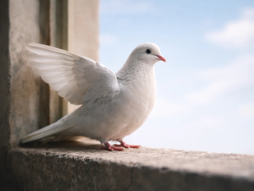 White-gray dove perched near a window with a blurred blue sky background, soft natural light.