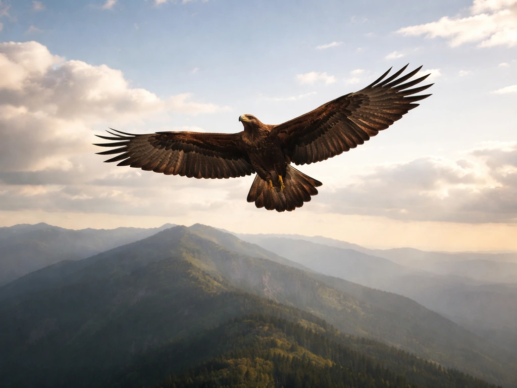 Golden eagle soaring above a mountain ridge with wings spread in open natural sky.