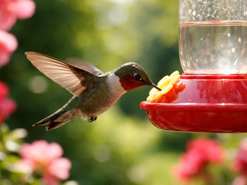 A hummingbird hovering at a flower feeder with blossoms in warm natural light.