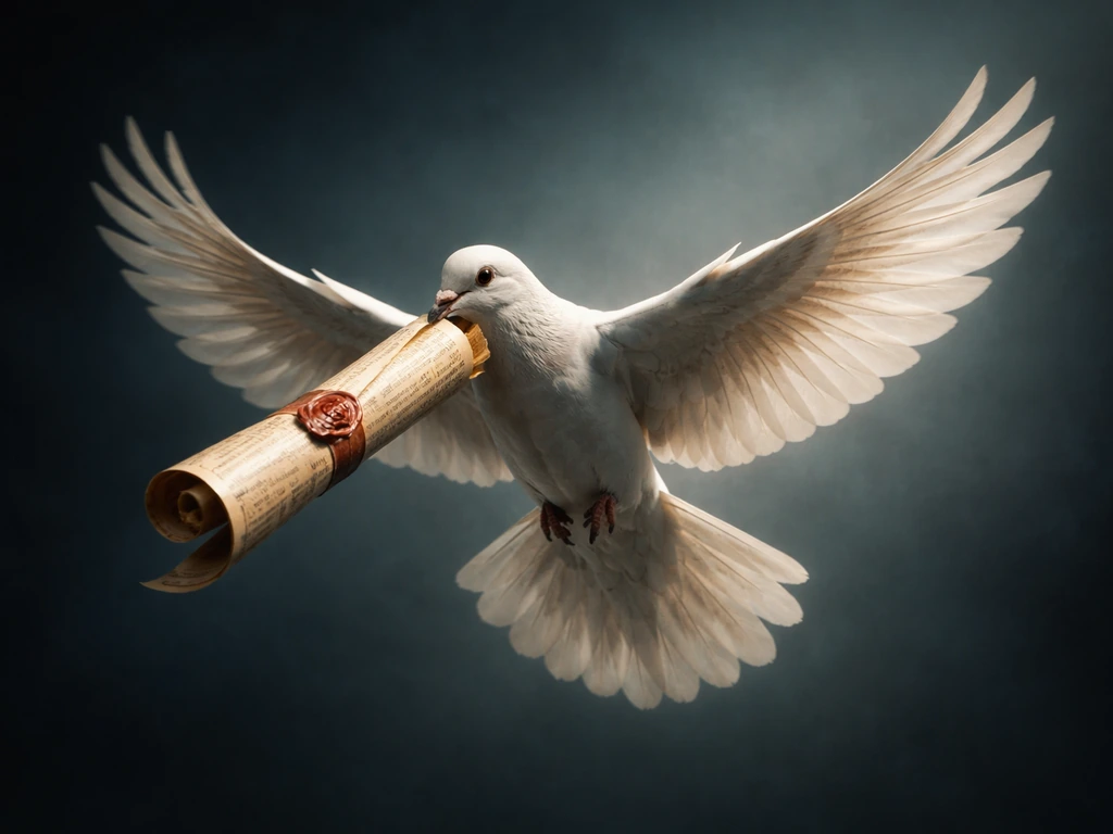 Surreal messenger bird in flight carrying an ancient sealed scroll against a dark glowing background.