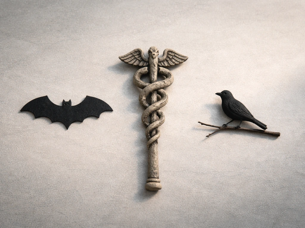 Minimal collage of three symbols: reversed Dracula-like bat motif, Hermes-style staff, and a small bird silhouette.