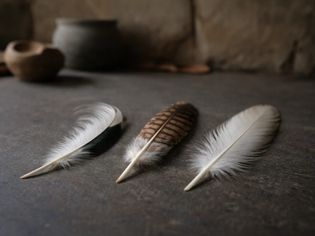 Minimal tabletop still life with three different bird feathers, suggesting uncertainty about the true myth-associated bi