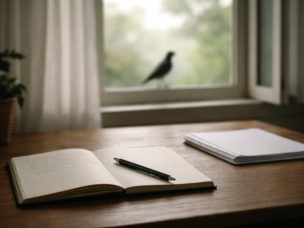 Minimal desk with open notebook, pen, printed pages, and an open window with a bird silhouette outside.