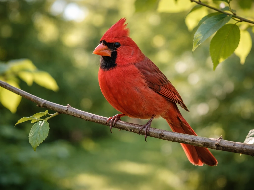 Red cardinal perched on a sunlit tree branch with soft green background bokeh.