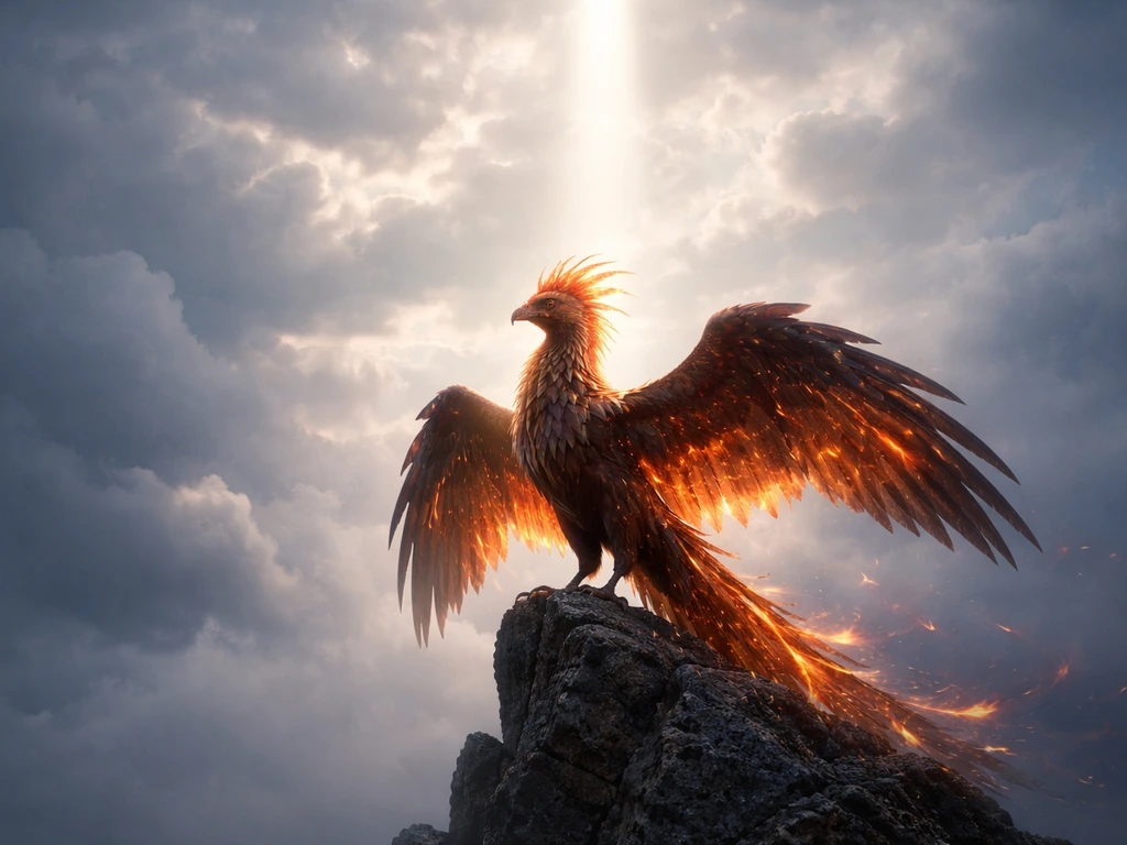 Phoenix-like mythical bird perched on a stone, glowing in a sky of light rays and clouds.