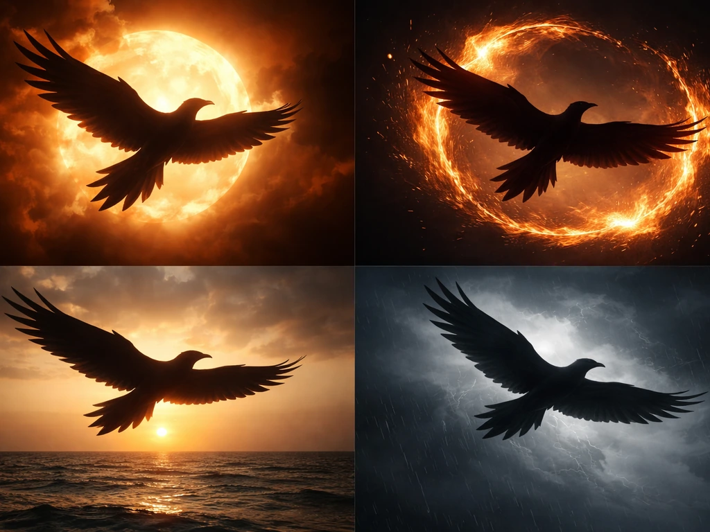 Minimal silhouette montage of a mythical bird with sun, fire, sea, and storm motifs in a dark sky