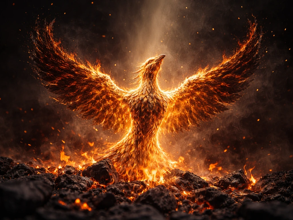 Fiery phoenix rising from smoldering embers with radiant light and glowing charred feathers.