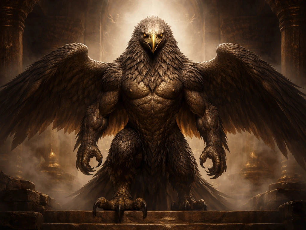 Garuda-like mythic bird with human torso and eagle/vulture head inside a temple, wings and talons visible.