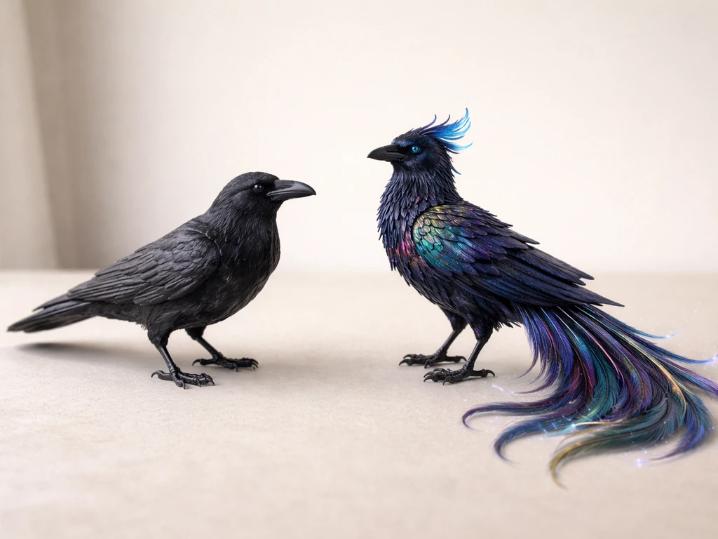 Side-by-side realistic raven-like bird and a clearly fantastical hybrid bird on a neutral tabletop.