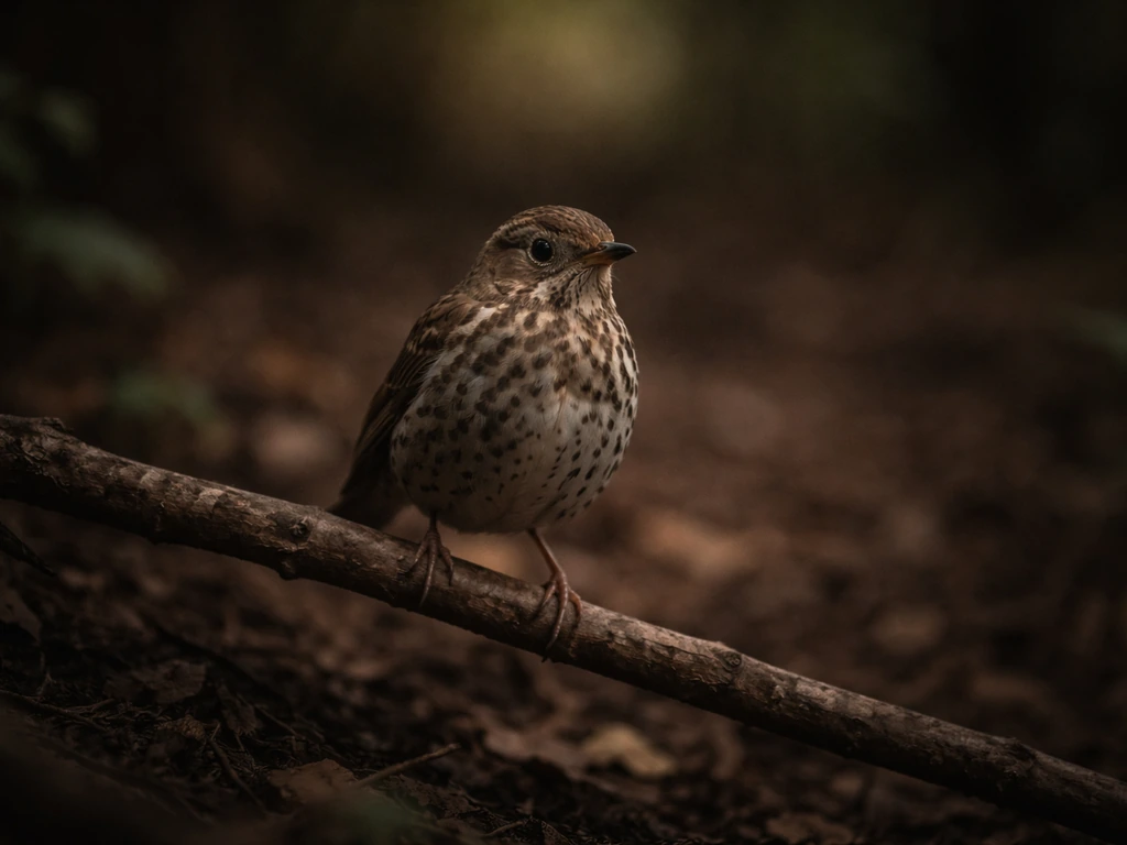 Speckled bird perched alone on a branch in a dim earthy woodland, mottled feathers clearly visible.