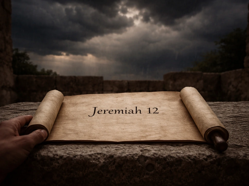 Ancient scroll labeled “Jeremiah 12” on stone under a dark stormy sky.