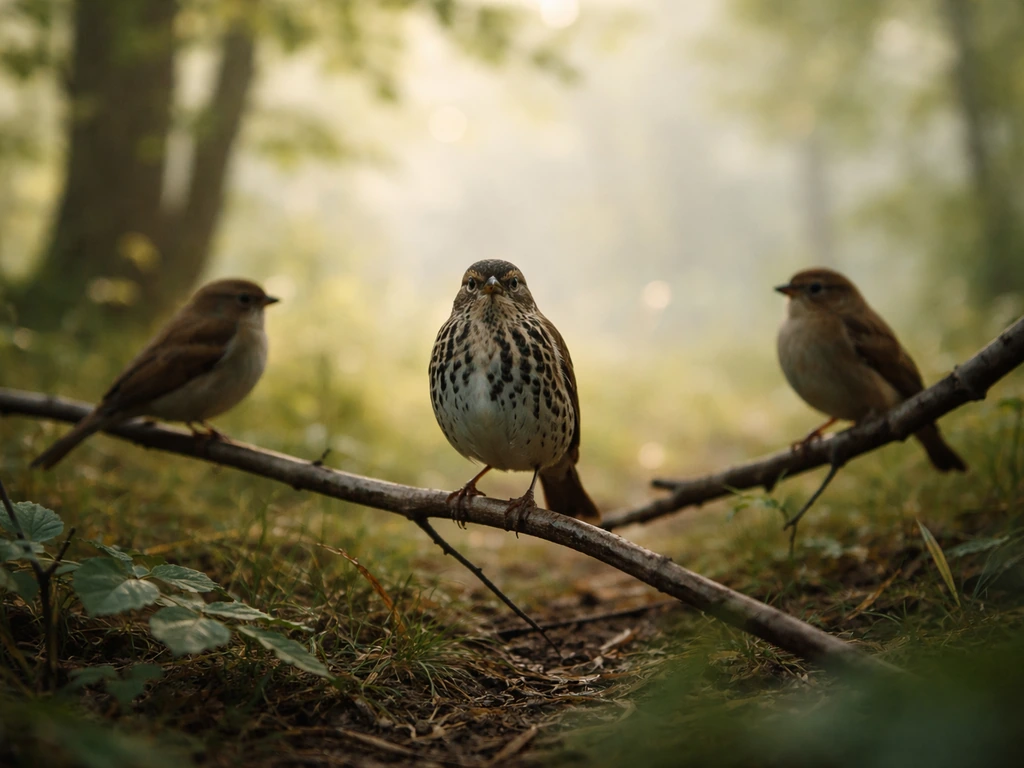 Three perched birds in a forest clearing, with one distinctly speckled and marked bird standing out.