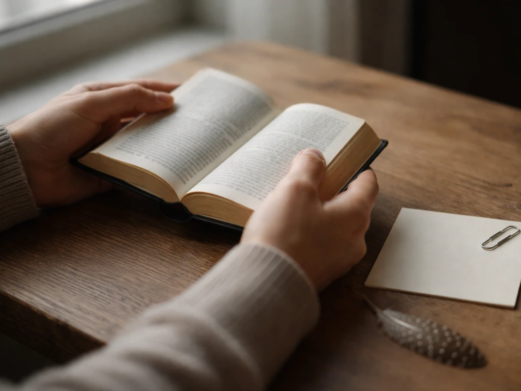 Anonymous hands holding a small open Bible with a blank note card on a wooden table.