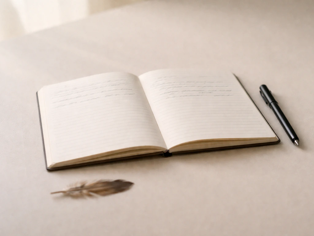 Open journal with handwritten prompts, a black ink pen, and a small feather on a quiet desk.