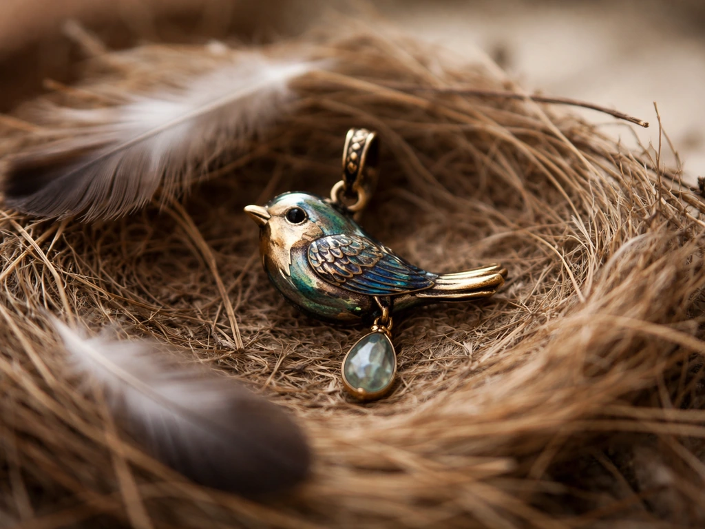 Close-up of a bird-charm pendant resting on a nest and feathers in natural light.