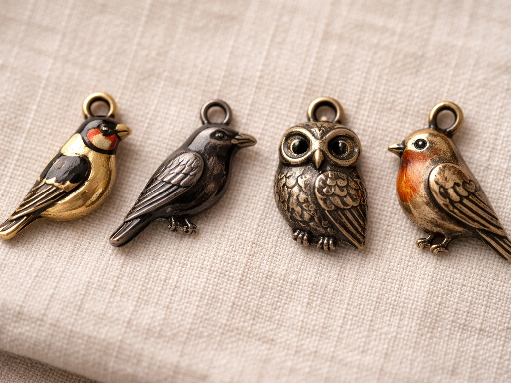 Four distinct bird charm objects laid on linen, each shaped like different bird species.