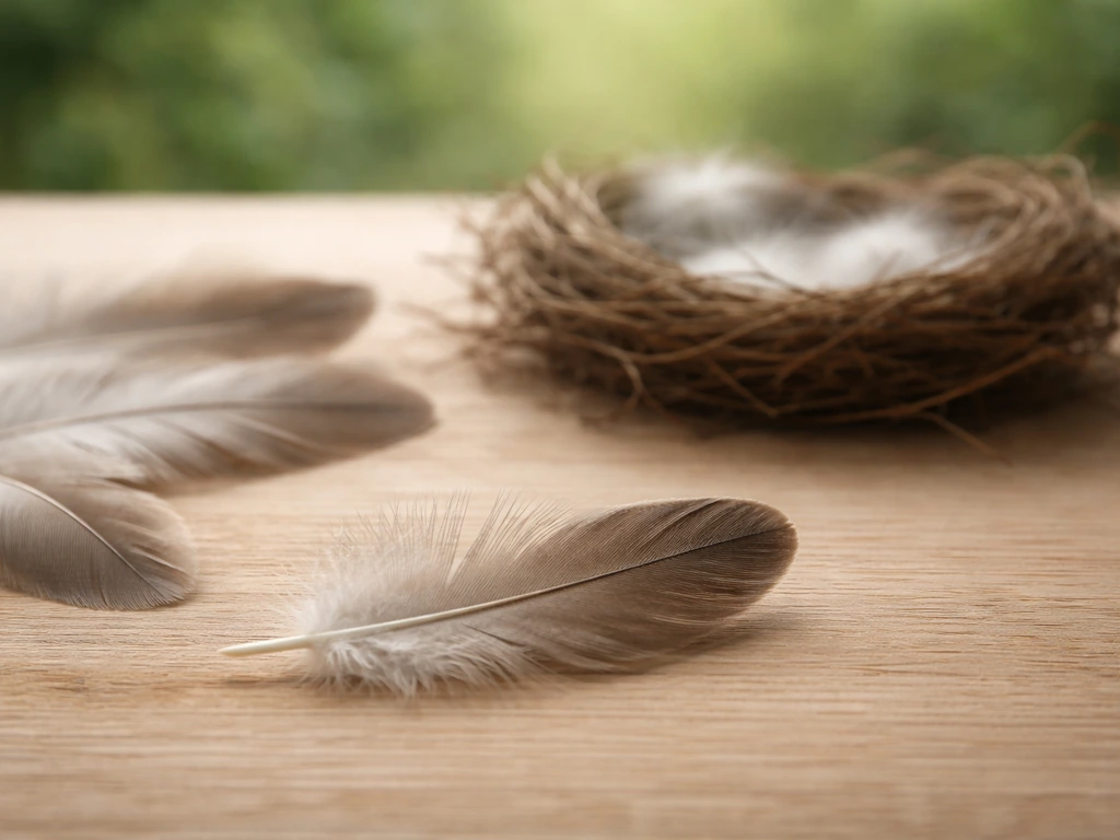 Close-up of layered bird feathers beside a small nest, softly lit, symbolizing flight and nesting.