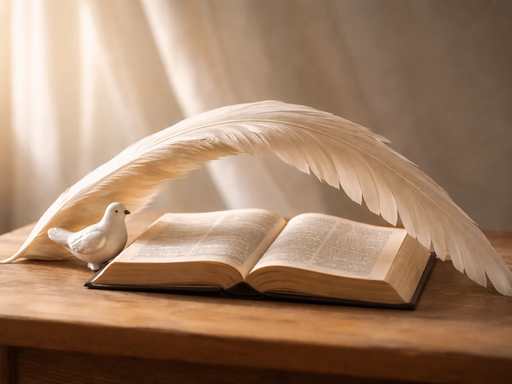 A small dove figurine resting beside an open Bible, with a wing-shaped decorative feather casting soft shadows