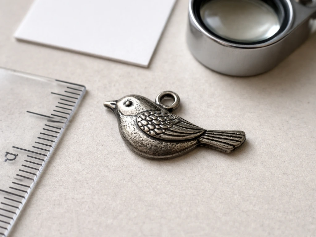 Bird charm laid beside a ruler, magnifier, and white card for visual verification.