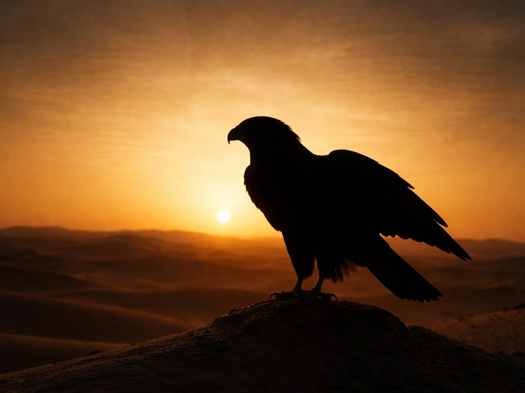 Ancient raptor silhouette over a desert horizon, symbolizing swift conquest from Isaiah 46:11.