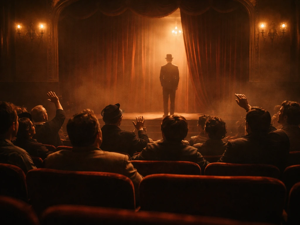 Late-1800s music hall stage with performers and a heckling crowd in the background, dim gaslight atmosphere.