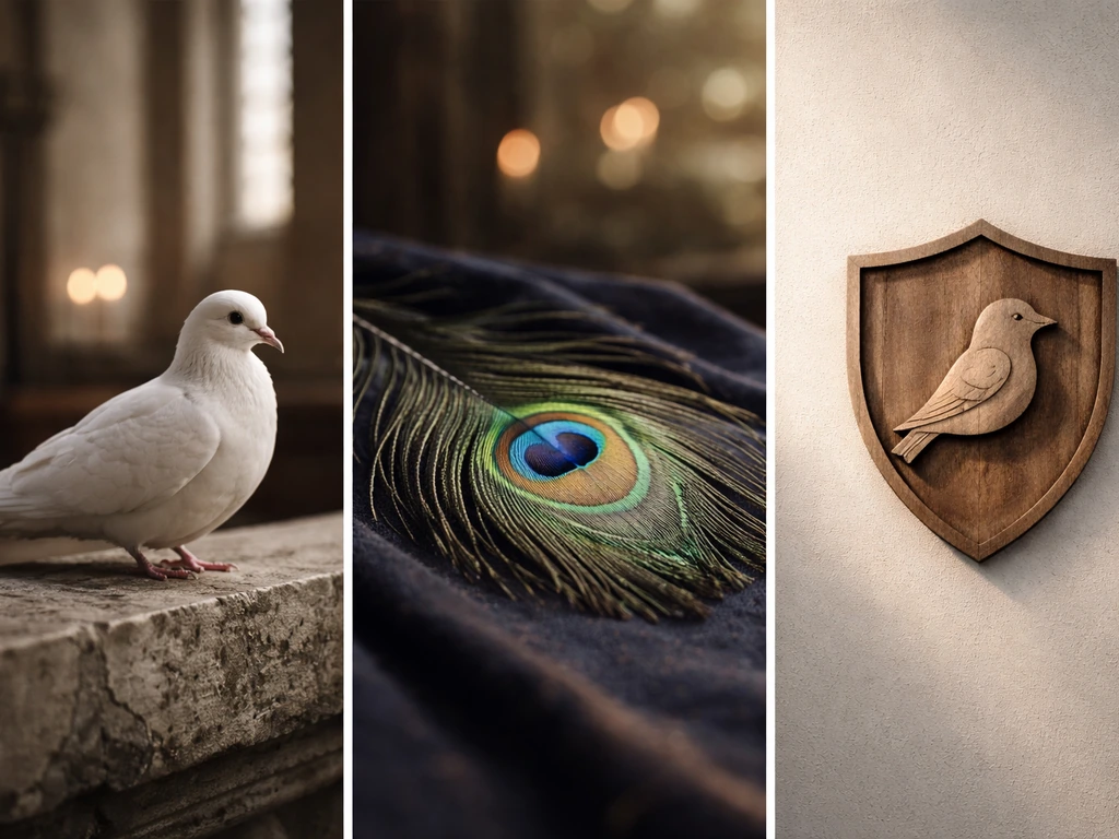 Triptych collage of symbolic birds: dove, peacock feather motif, and a carved bird emblem on a wall.