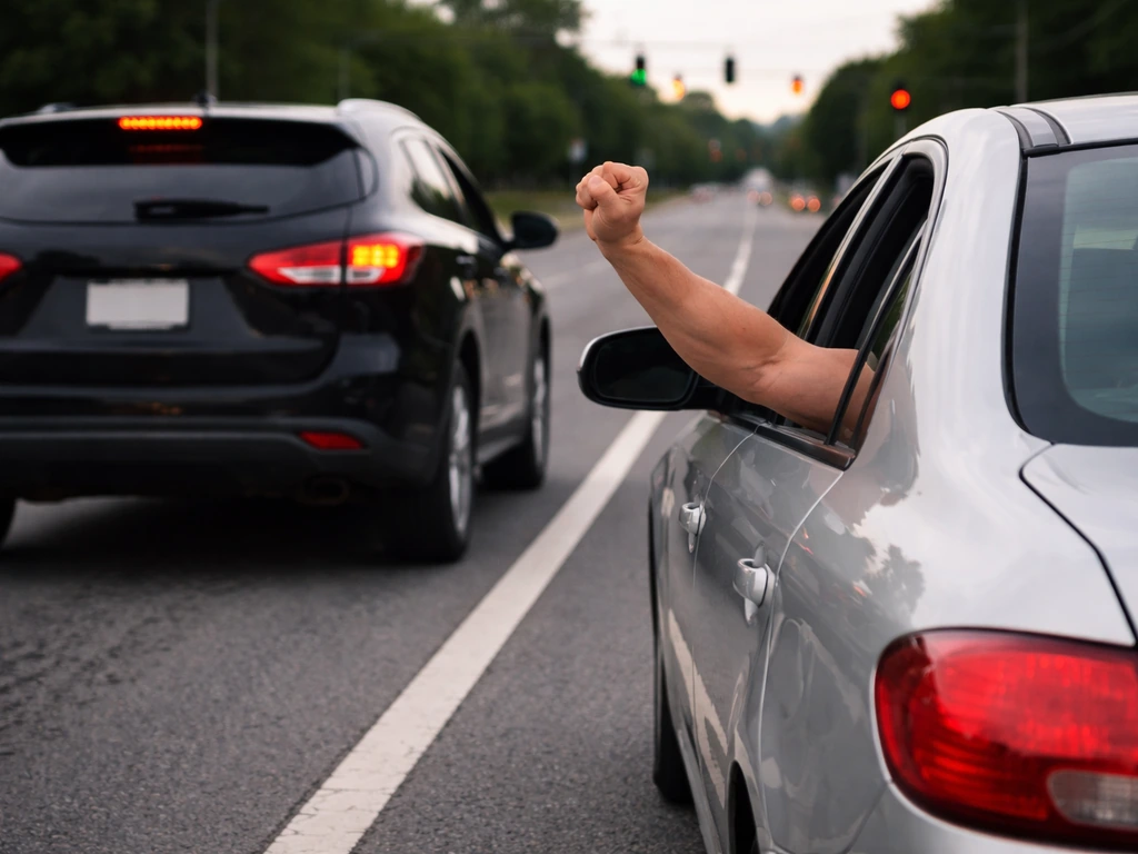 Cars stopped at an intersection with an arm gesture from a driver, tense roadside moment.