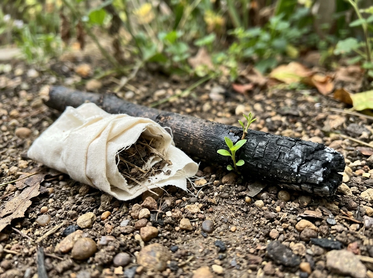 Bird-like rebirth scene with cocoon-like char turning into fresh leaves