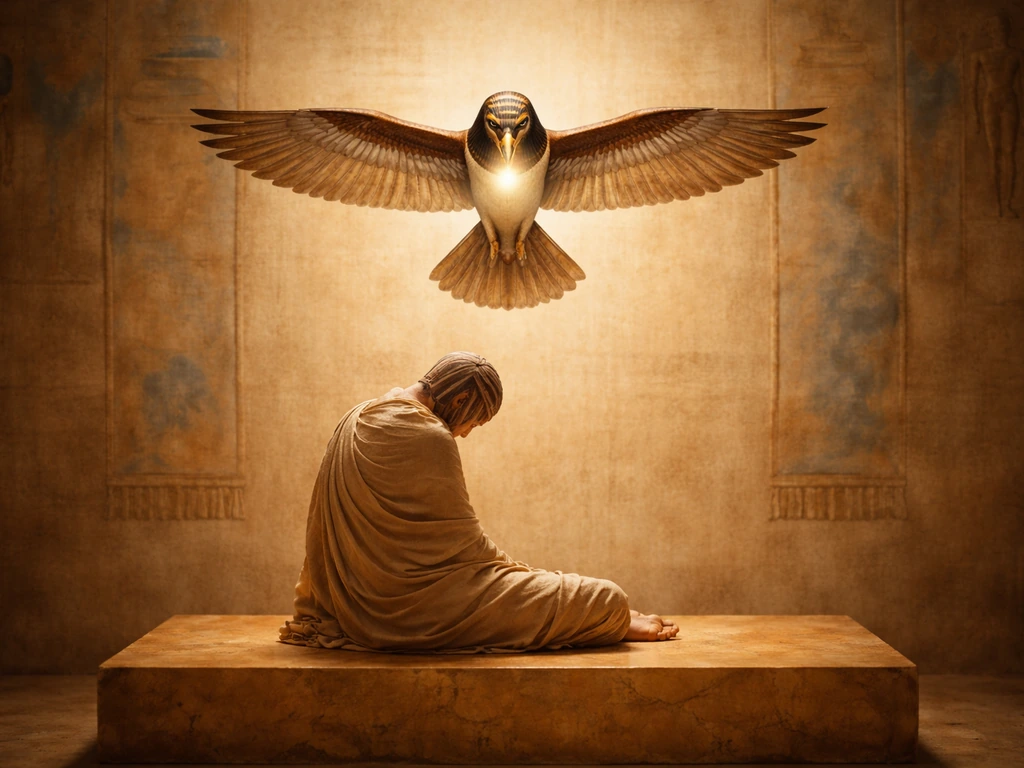 Ba-bird hovering over a seated figure in an ancient Egyptian afterlife manuscript-style scene.
