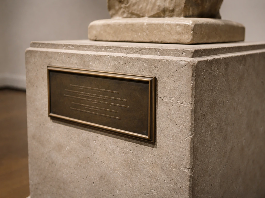 Close-up of a sculpture plinth with a mounted plaque and engraved inscriptions on visible sides.