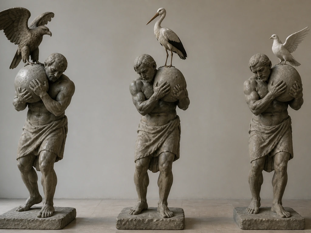 Three generic carrying-pose statues with an eagle, stork, and dove nearby in a minimal setting.