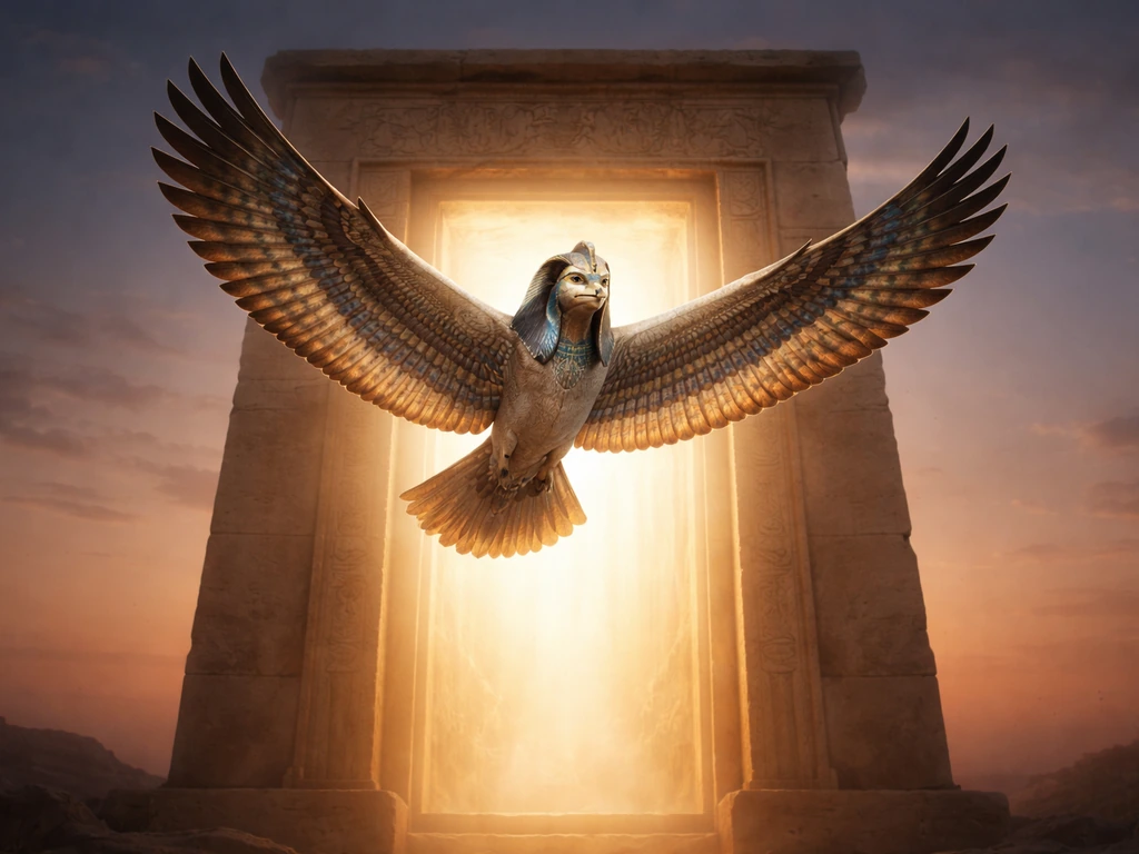 An Egyptian ba-bird with a human head flies upward beside a softly lit carved doorway arch.