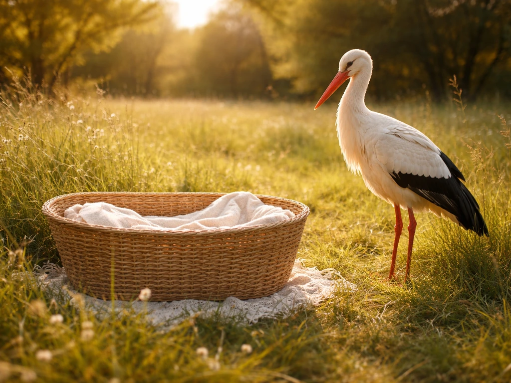 White stork standing beside a rustic cradle in a spring meadow at golden hour, evoking Slavic soul-delivery lore.