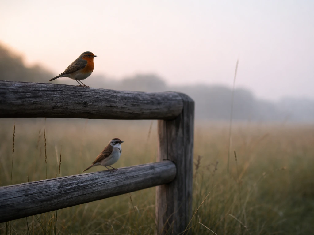 Two birds perched at different heights on a fence in a quiet meadow under natural morning/dusk light.