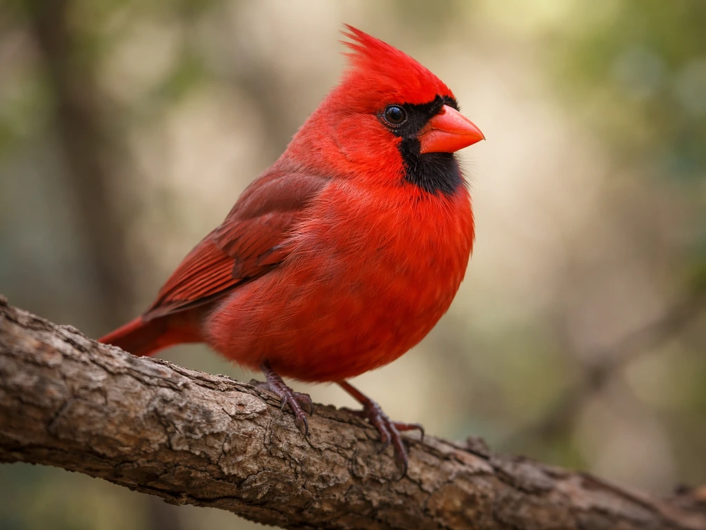 Vivid red cardinal perched on a tree branch, close-up with soft natural background.