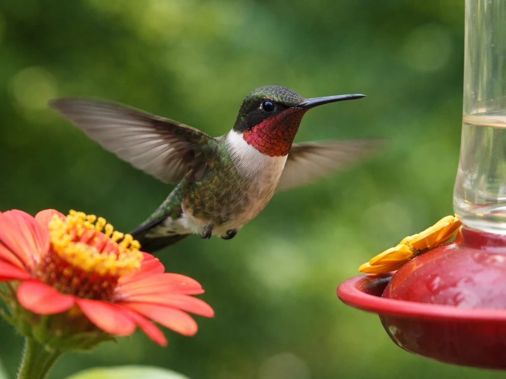 Hummingbird hovering near a colorful flower, wings blurred, soft garden light background.