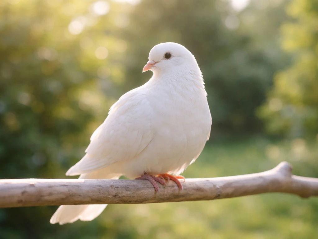 A white dove perched on a pale branch in warm natural light, calm and peaceful.