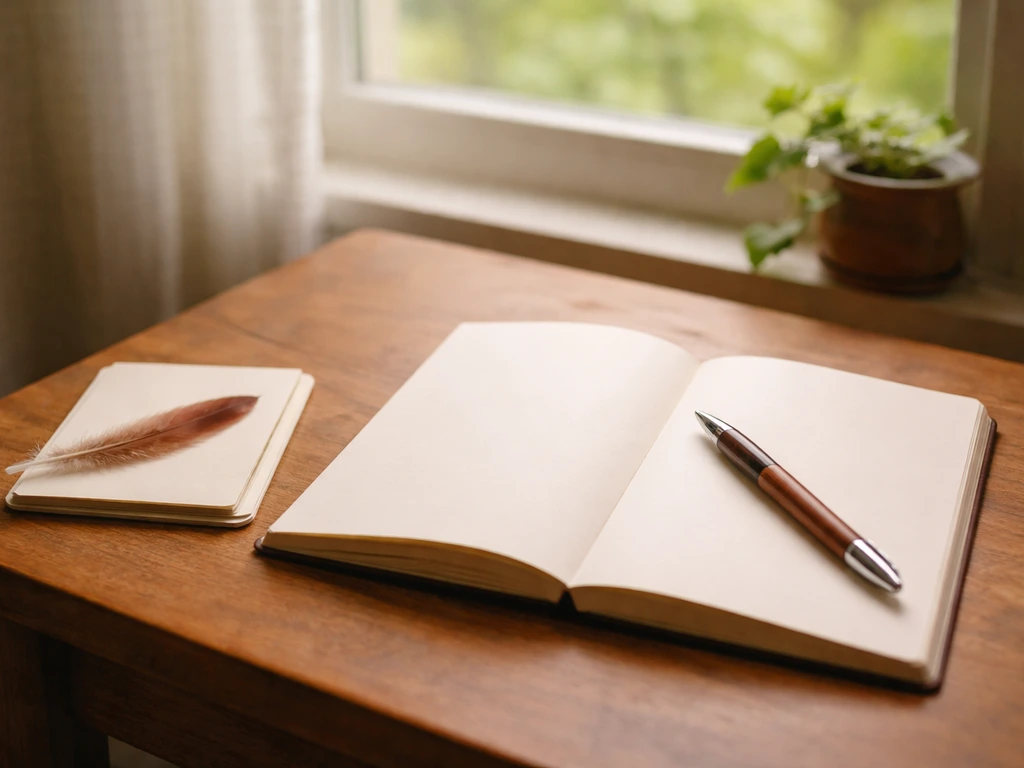 Open journal and pen on a wooden desk with a small bird-feather by a window.