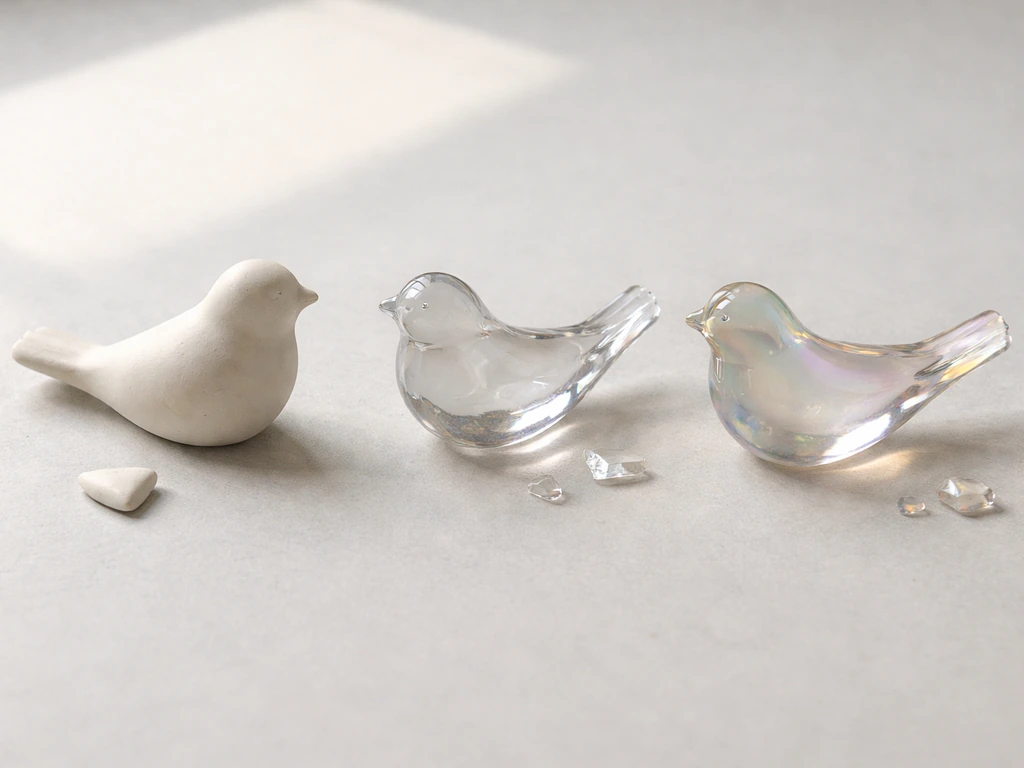 Ceramic, resin, and glass bird ornament pieces showing different finishes with a few small fragments.