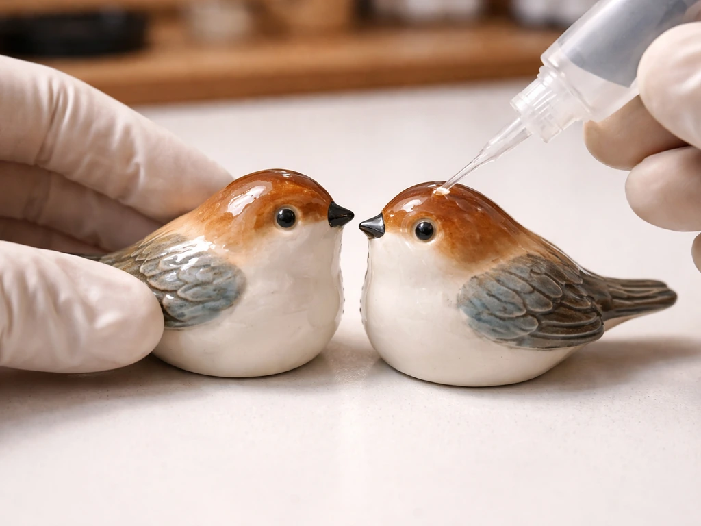 Close-up of gloved hands aligning and gluing two halves of a broken ceramic bird ornament on a bench.
