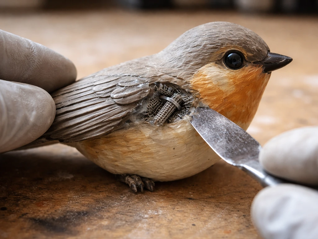 Close-up of internal reinforcement and adhesive supporting a bird ornament wing and beak/tail joint.
