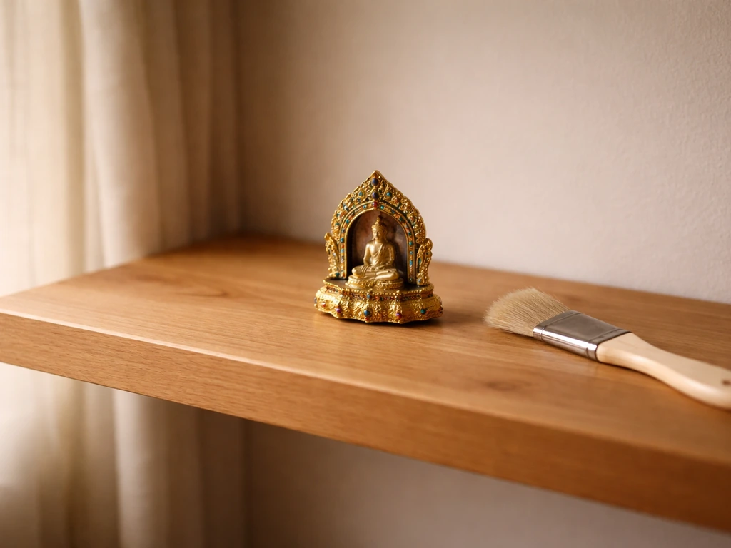 Restored small ornament on a shelf altar, with a sealing brush nearby in soft natural light.